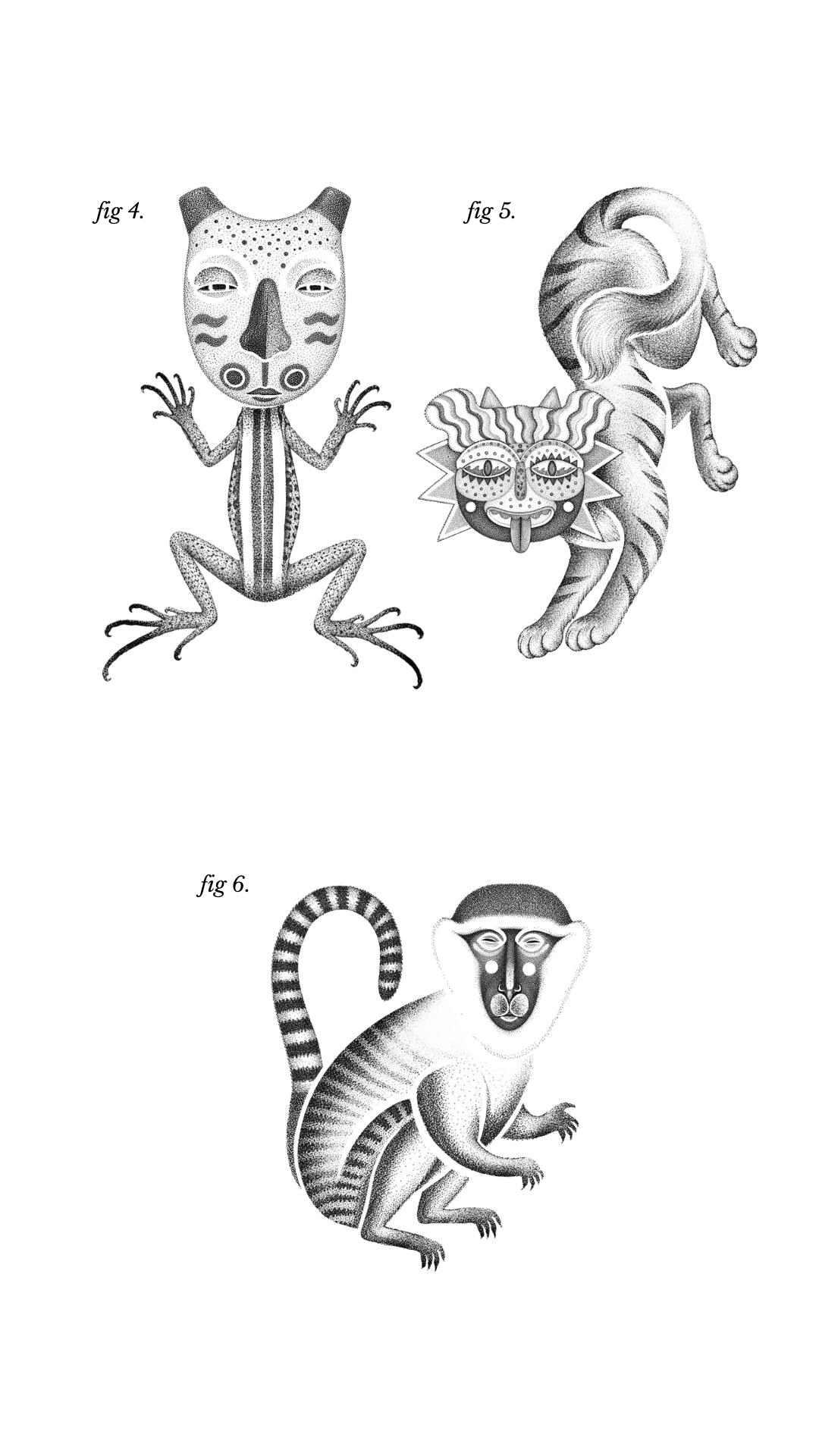 Ilustraciones 4 a 6: figuras de rana, felino y mono