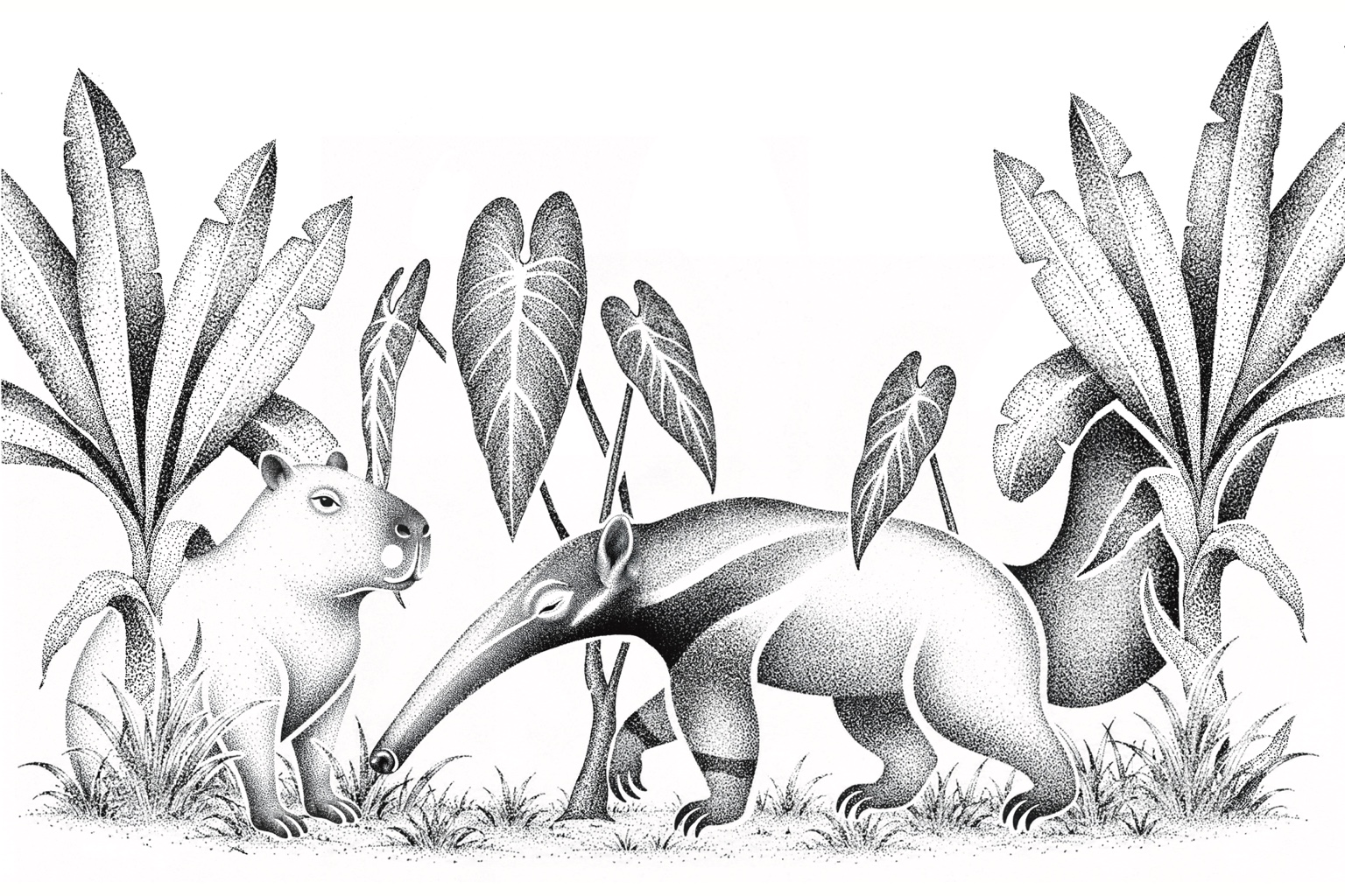 Ilustración en puntillismo con animales y plantas, aportada como referencia por Laura
