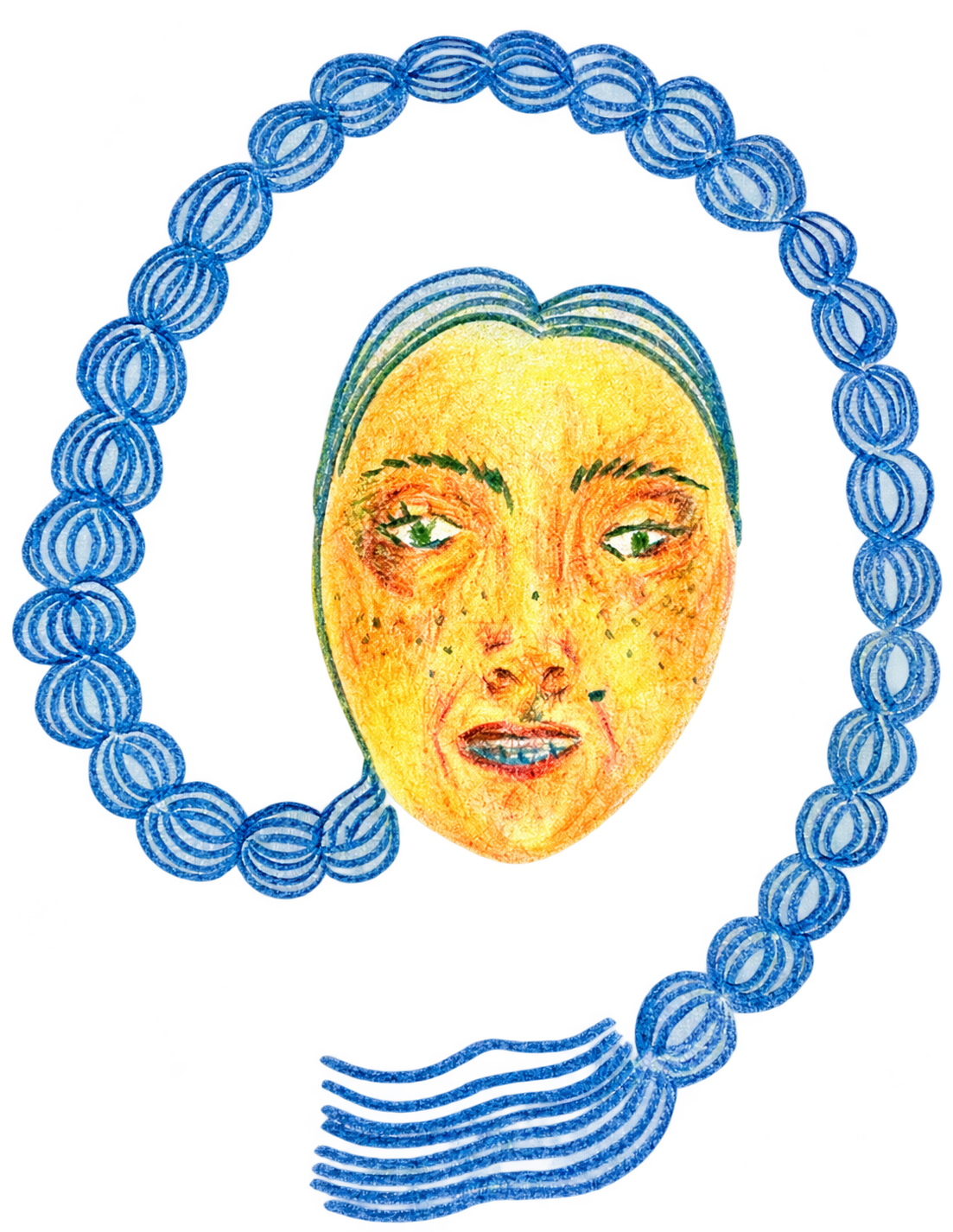 Autorretrato de Laura en lápices de colores, con el rostro amarillo y una trenza azul que lo rodea