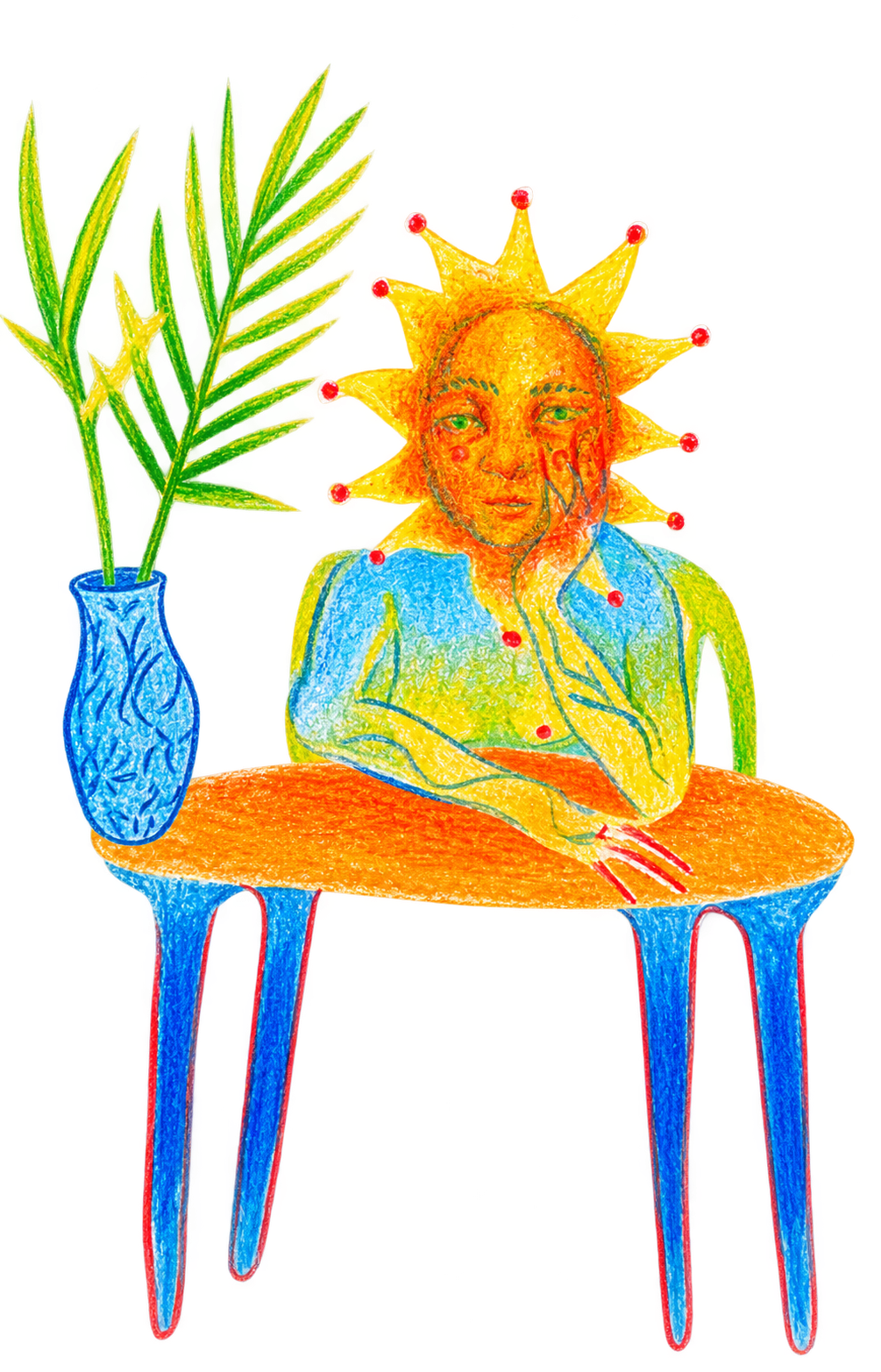 Dibujo de Laura en colores: una figura con cabeza de sol sentada frente a una mesa