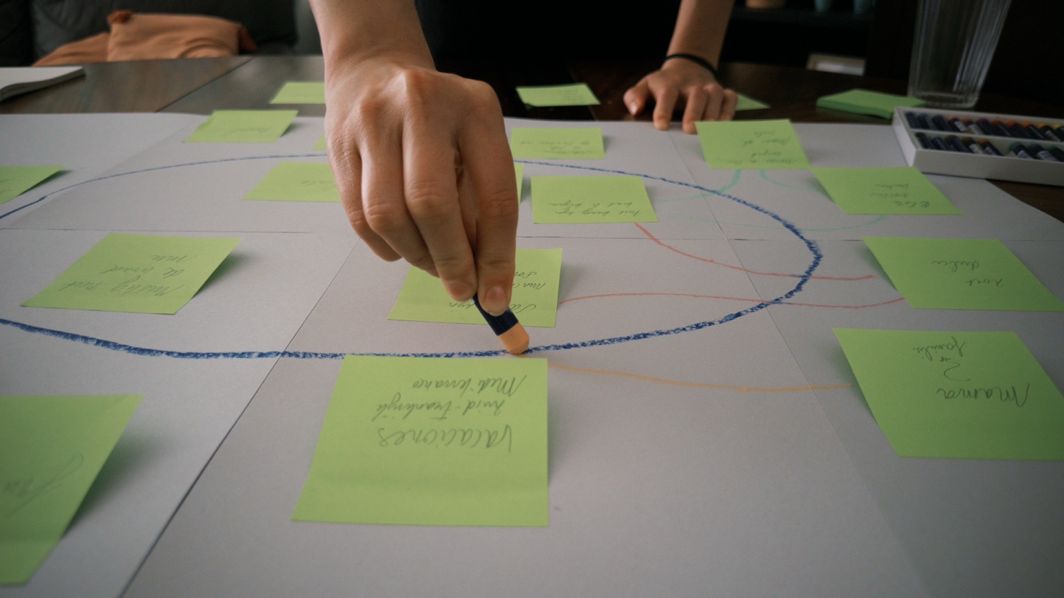 Proceso del taller: una mano dibuja conexiones entre notas
